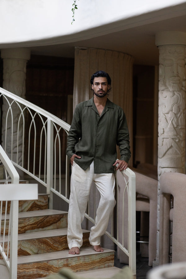Linen set green&beige